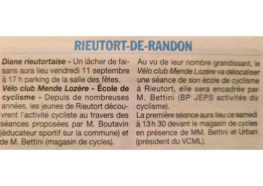Club : Création d'une antenne du vélo club de Mende à Rieutort de Randon